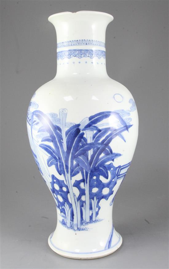 A large Chinese blue and white baluster vase, Kangxi period, height 43.5cm, chip to rim ground off